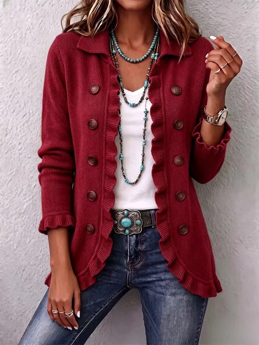 Rosalía · Chaqueta de punto rojo rubí con volantes
