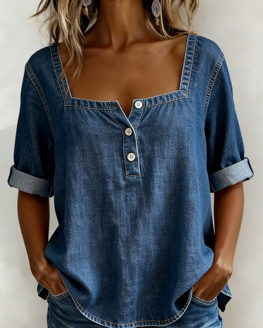 Avélia™ | Camisa de denim con cuello cuadrado
