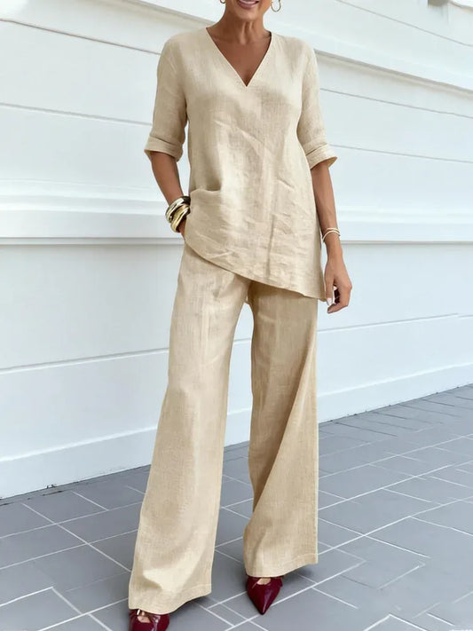 Susana | Conjunto de dos piezas con top de manga corta y pantalones rectos