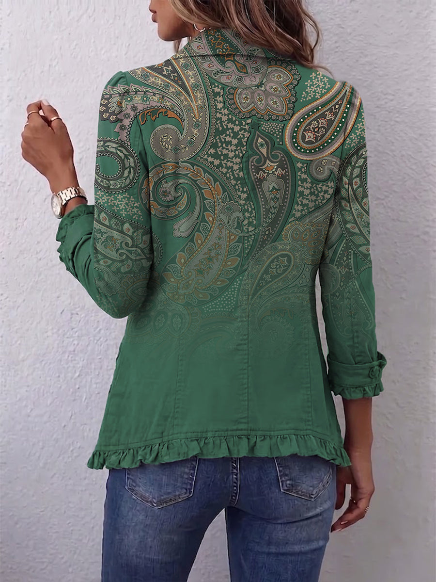 Jacinta · Chaqueta cachemir verde con volantes