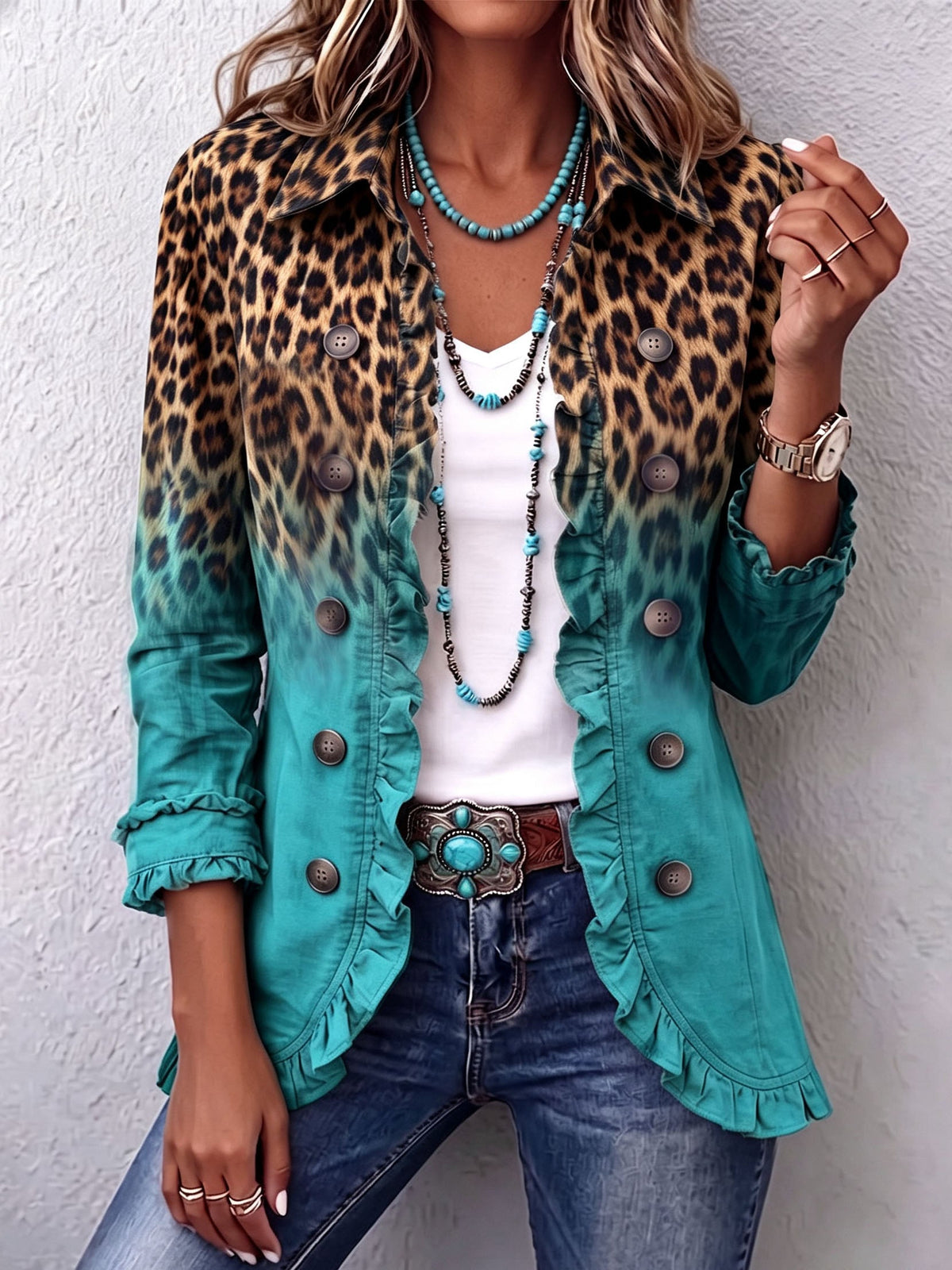 Mercedes · Chaqueta blazer de leopardo degradada con volantes