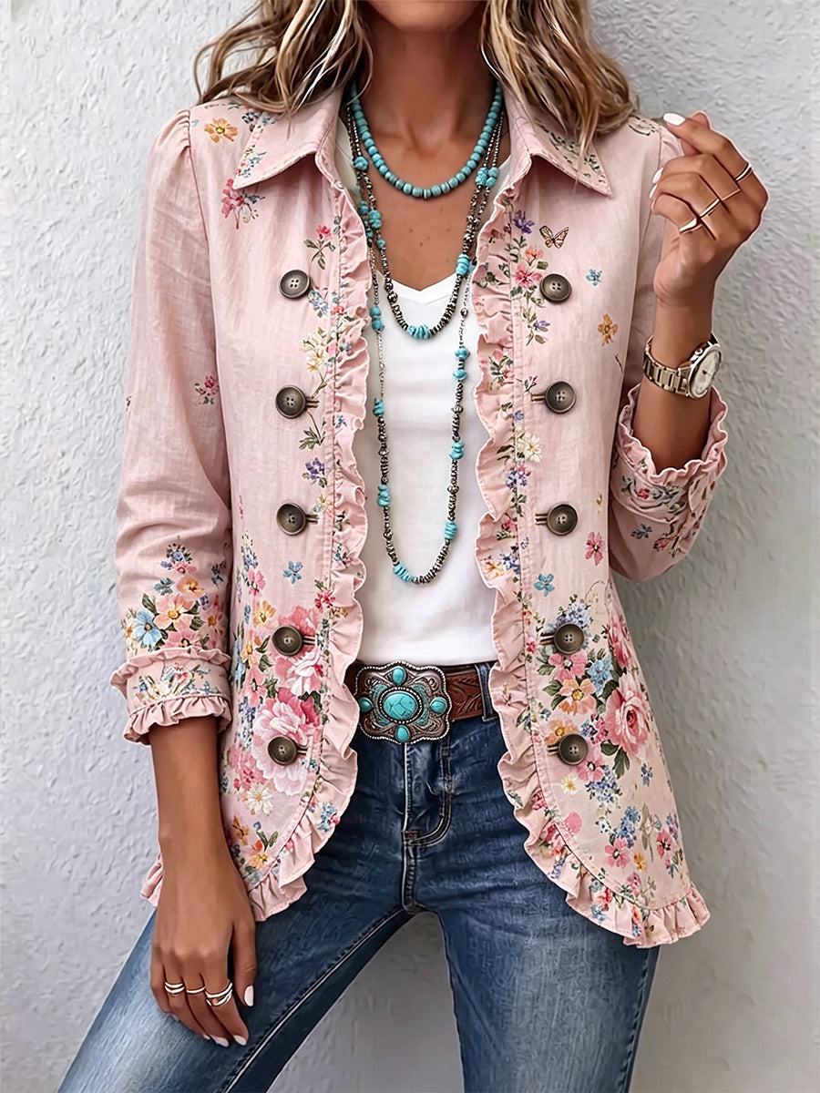 Araceli · Chaqueta floral con volantes y botones