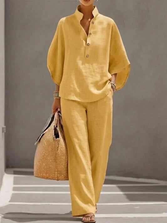 Sophie | Conjunto de lino con mangas murciélago y pantalón ancho
