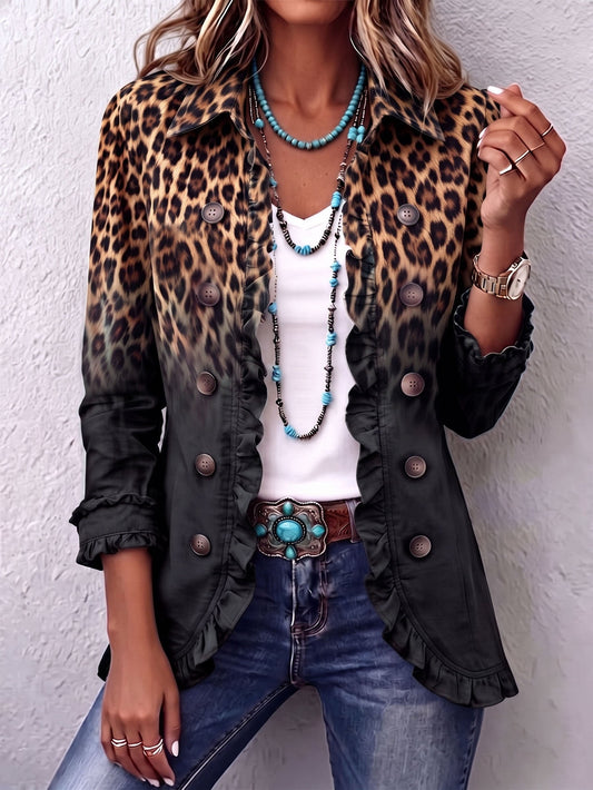 Sabina · Chaqueta blazer de leopardo negra con volantes