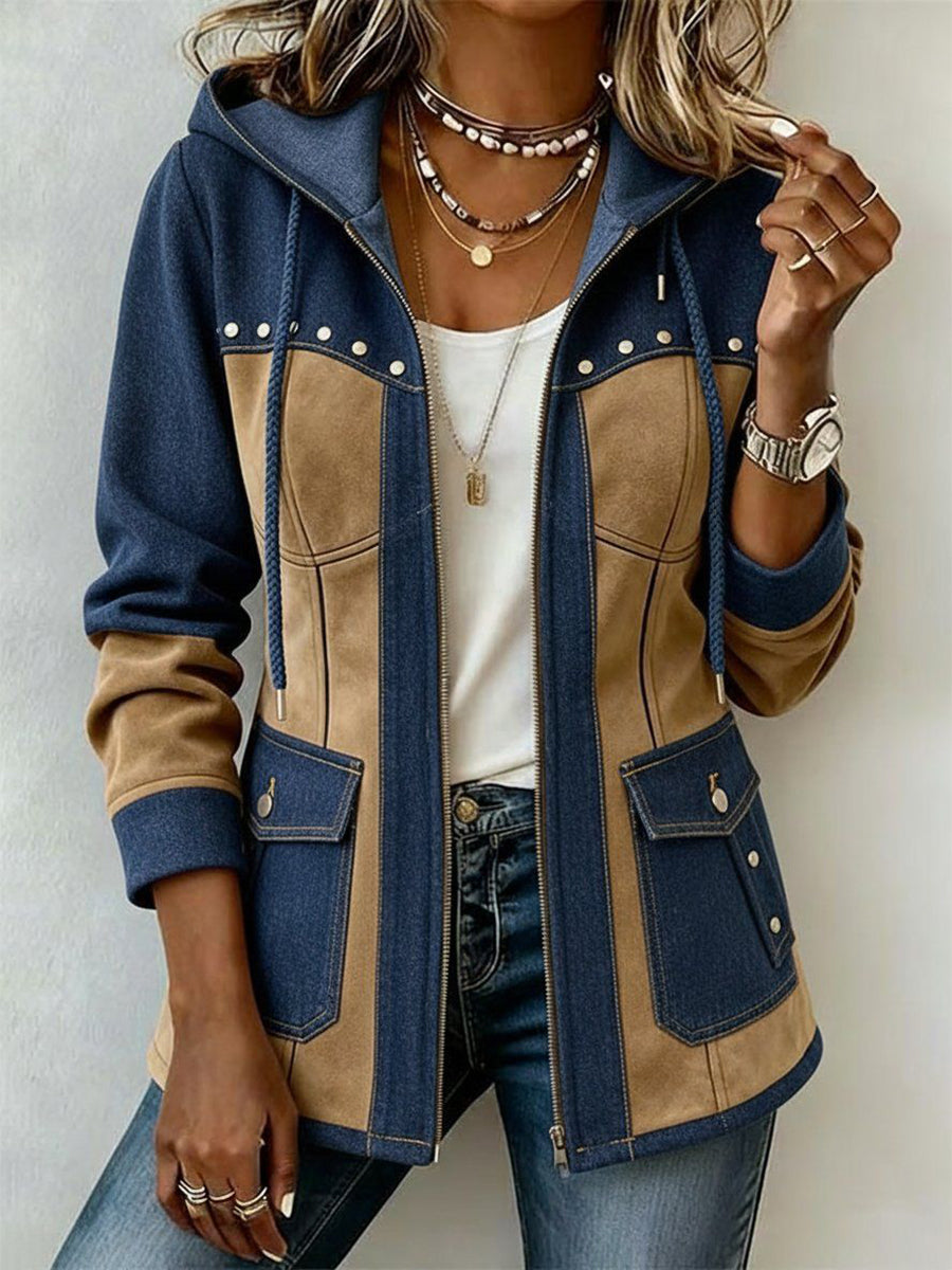 Adriana · Chaqueta con capucha azul marino y camel