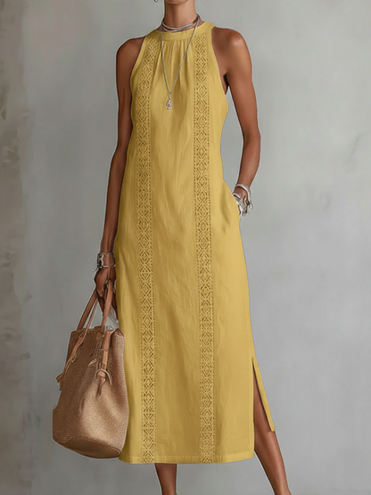 Ángeles · Vestido Midi de Lino con Cuello Mao — Amarillo