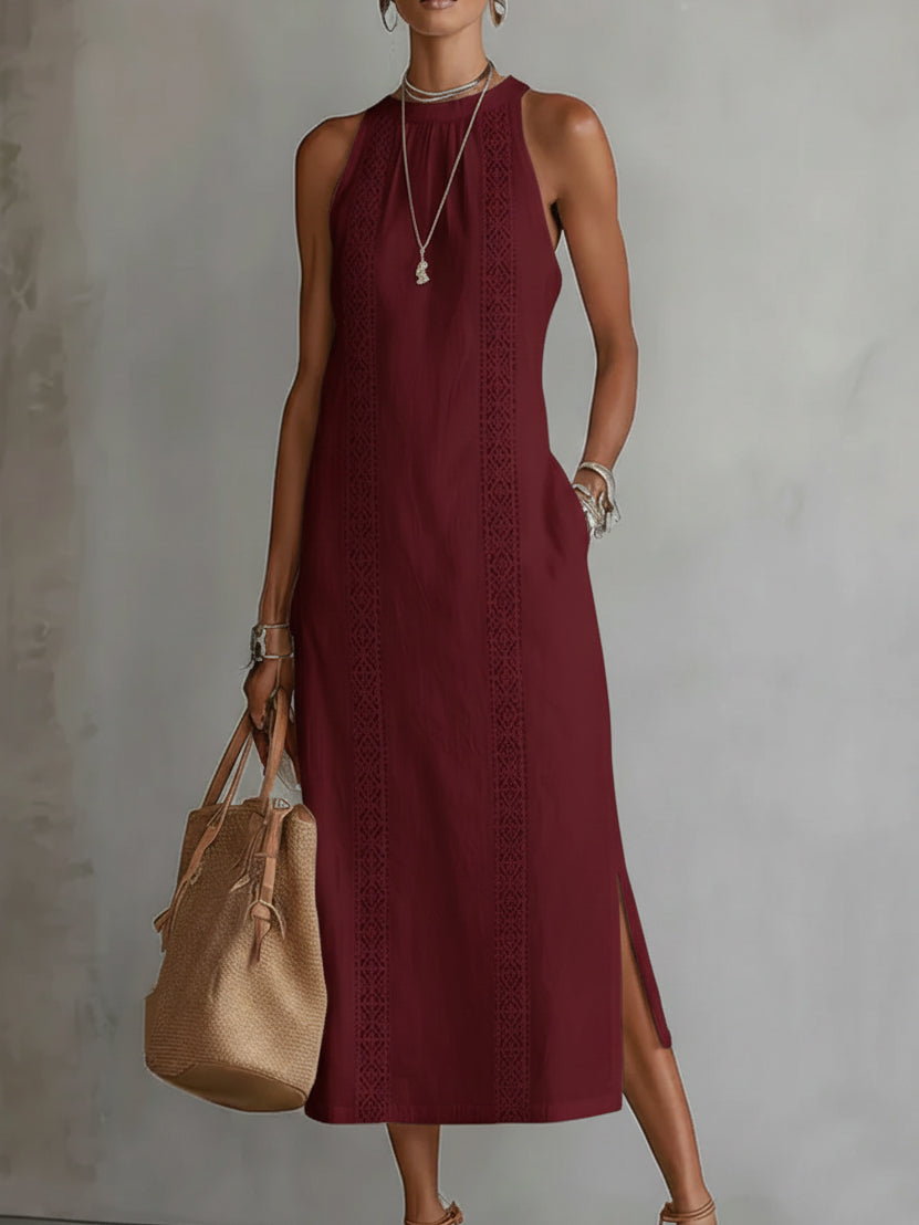 Ángeles · Vestido Midi de Lino con Cuello Mao — Rojo