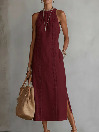 Ángeles · Vestido Midi de Lino con Cuello Mao — Rojo