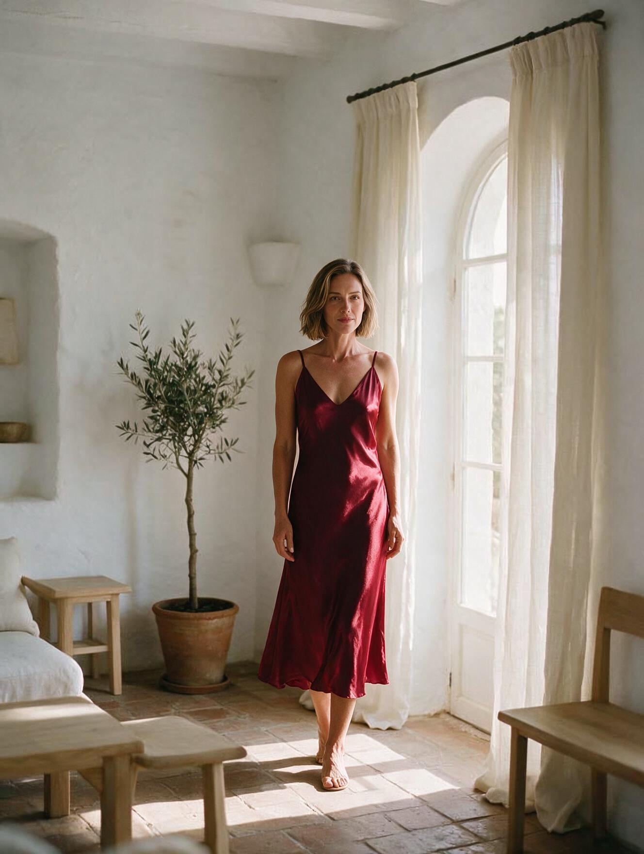 Anaïs · Vestido Midi Satinado — Rojo