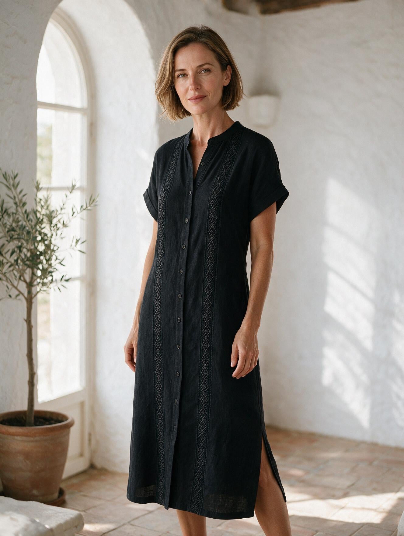 Ángeles · Vestido Midi de Lino — Negro