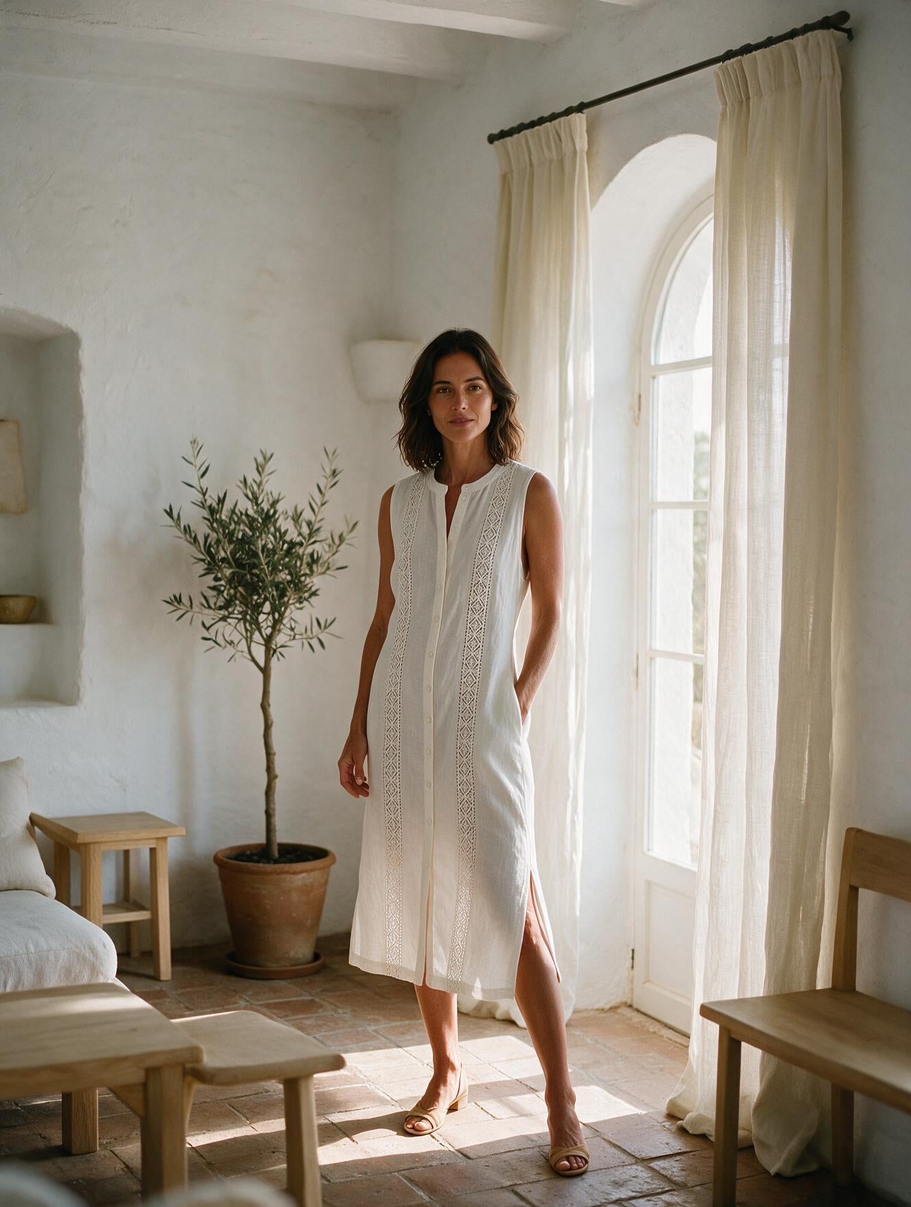 Ángeles · Vestido Midi de Lino con Cuello Mao — Blanco, modelo vista tres cuartos