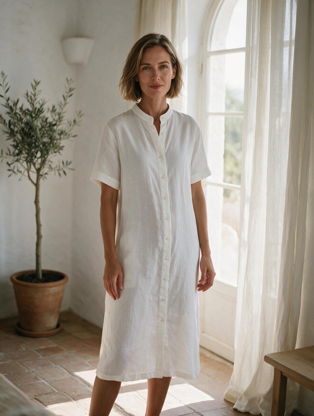 Ángeles · Vestido Midi de Lino con Cuello Mao