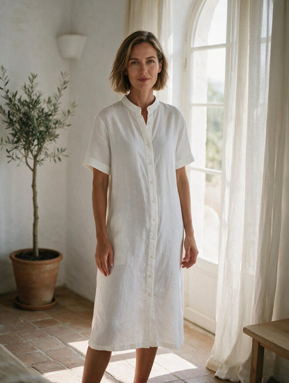 Ángeles · Vestido Midi de Lino con Cuello Mao
