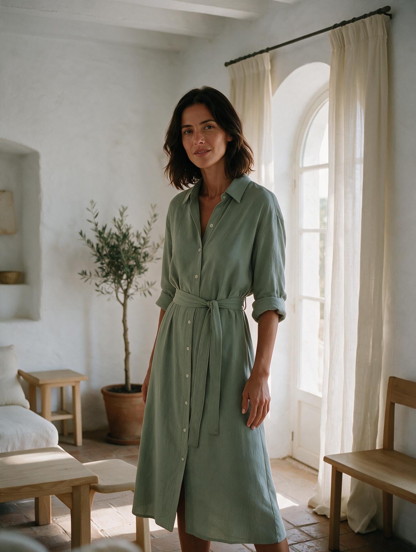 Ibiza · Vestido Camisero Salvia — modelo, vista tres cuartos