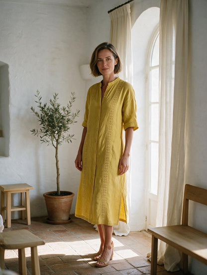 Ángeles · Vestido Midi de Lino — Amarillo