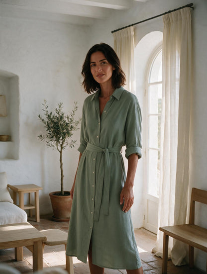 Ibiza · Vestido Camisero Salvia — modelo, vista frontal