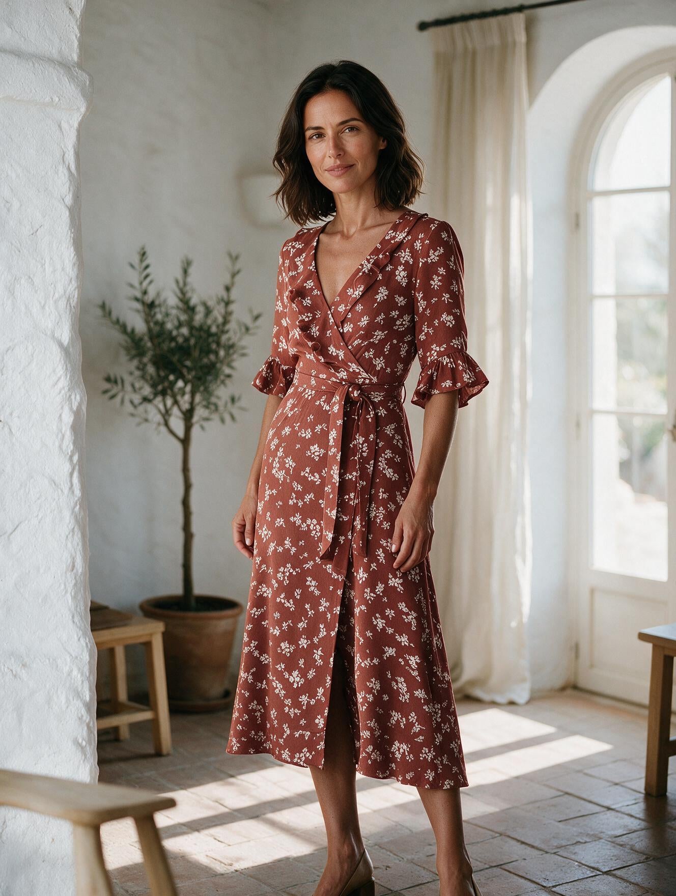 Sevilla · Vestido Cruzado Estampado — modelo, vista tres cuartos