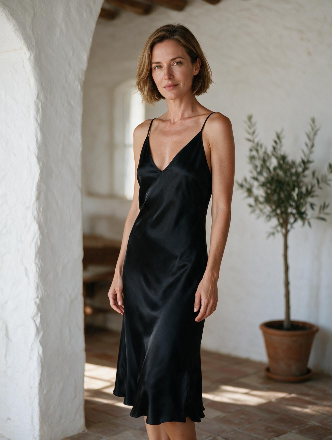 Anaïs · Vestido Midi Satinado — Negro