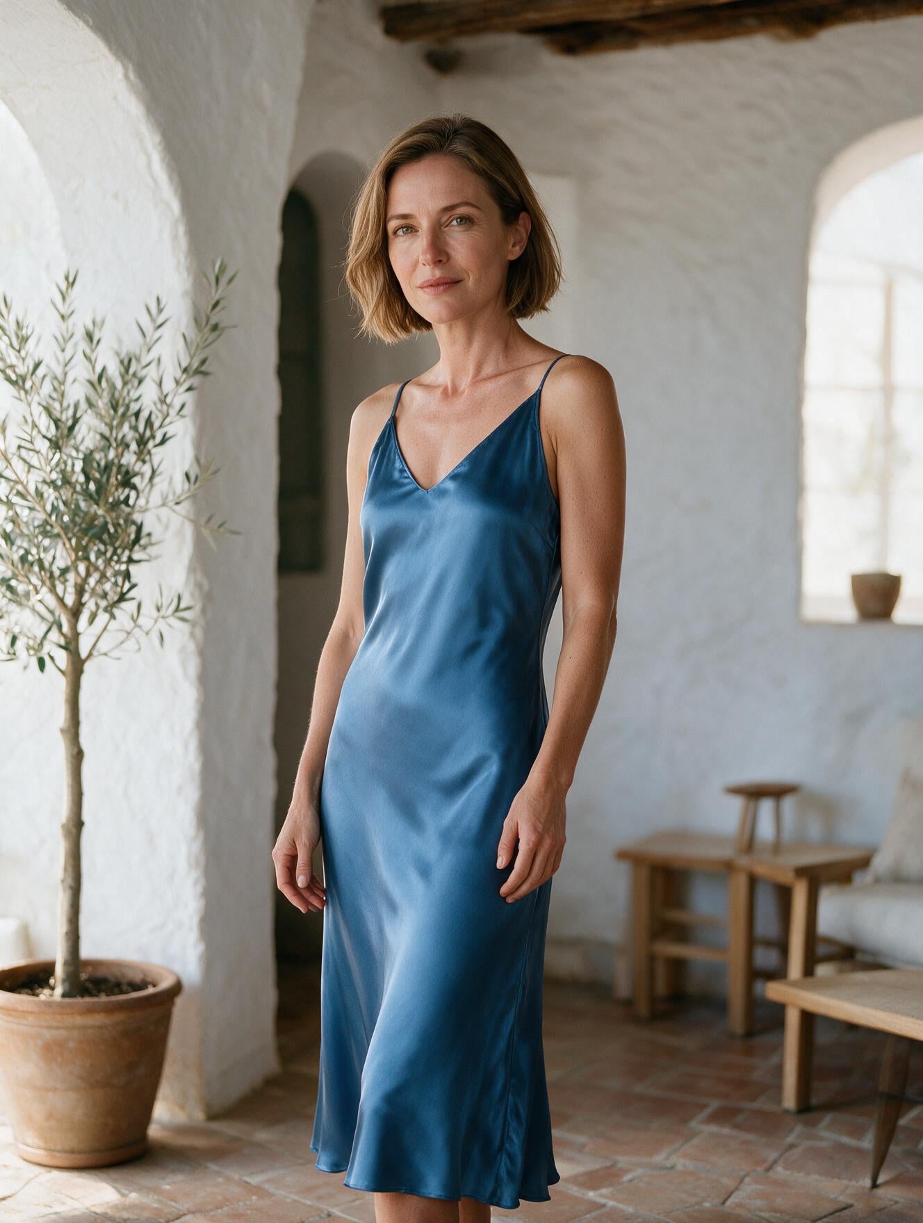 Anaïs · Vestido Midi Satinado — Azul