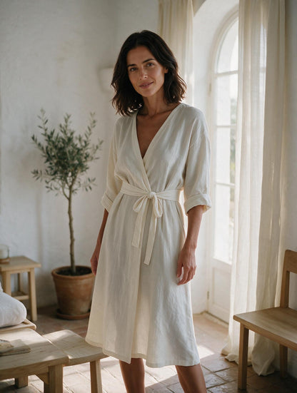 Amalfi · Vestido Midi de Lino — modelo, vista tres cuartos