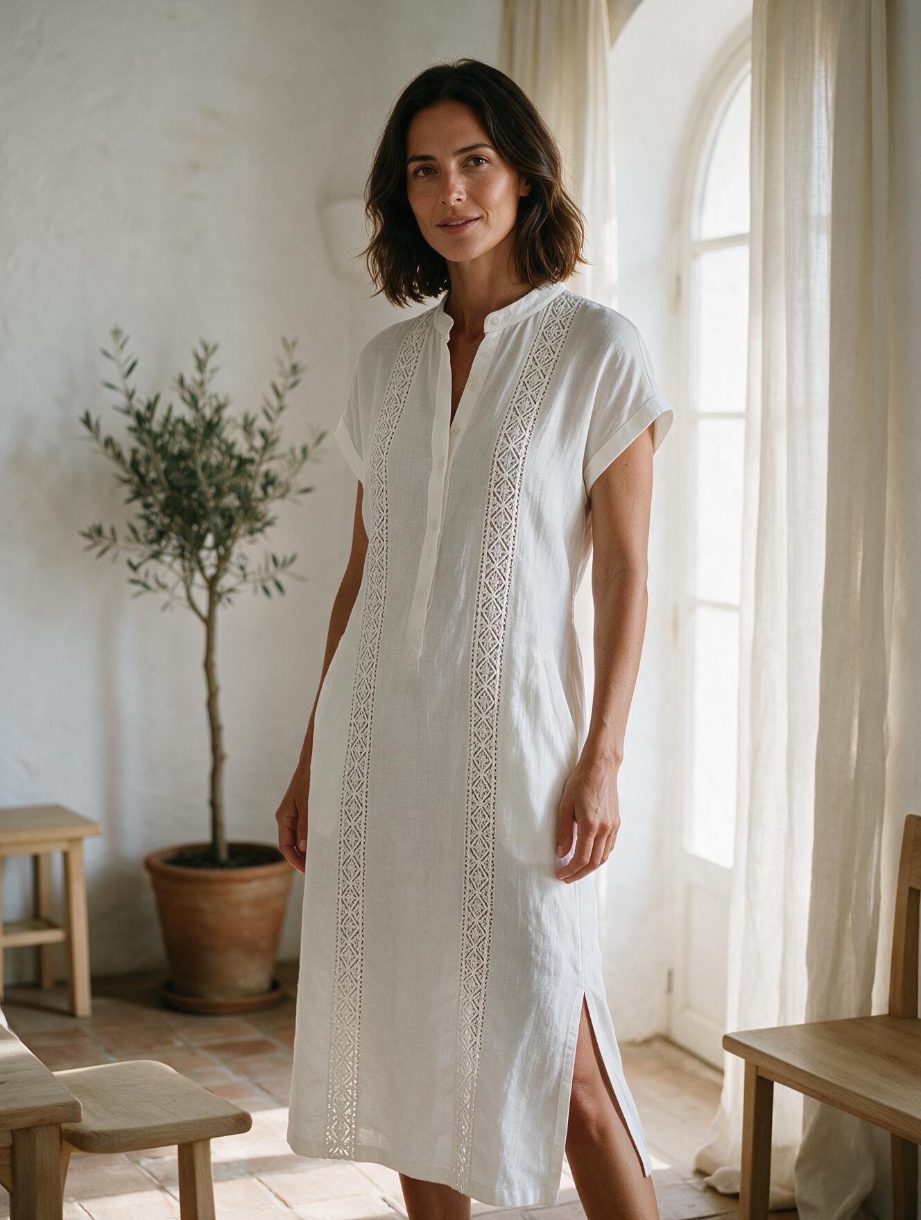 Ángeles · Vestido Midi de Lino con Cuello Mao — Blanco, modelo vista frontal