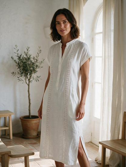 Ángeles · Vestido Midi de Lino con Cuello Mao — Blanco, modelo vista frontal