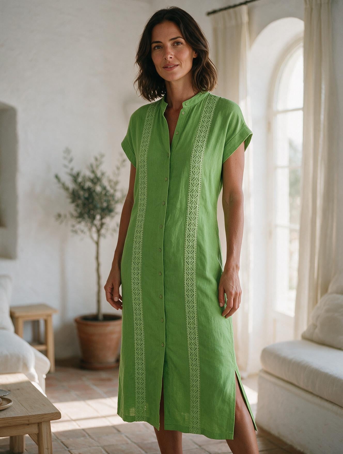Ángeles · Vestido Midi de Lino con Cuello Mao — Verde, modelo vista tres cuartos