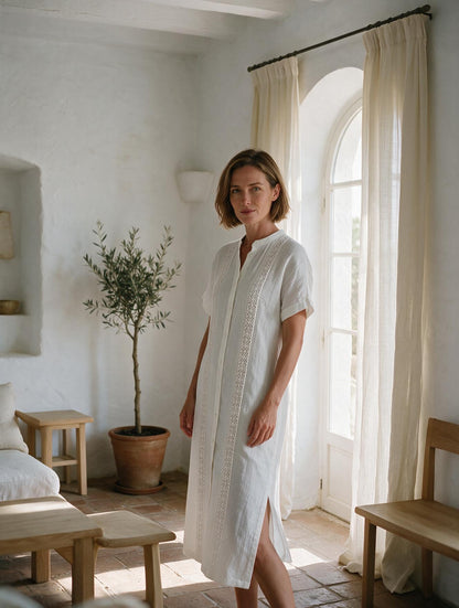Ángeles · Vestido Midi de Lino con Cuello Mao