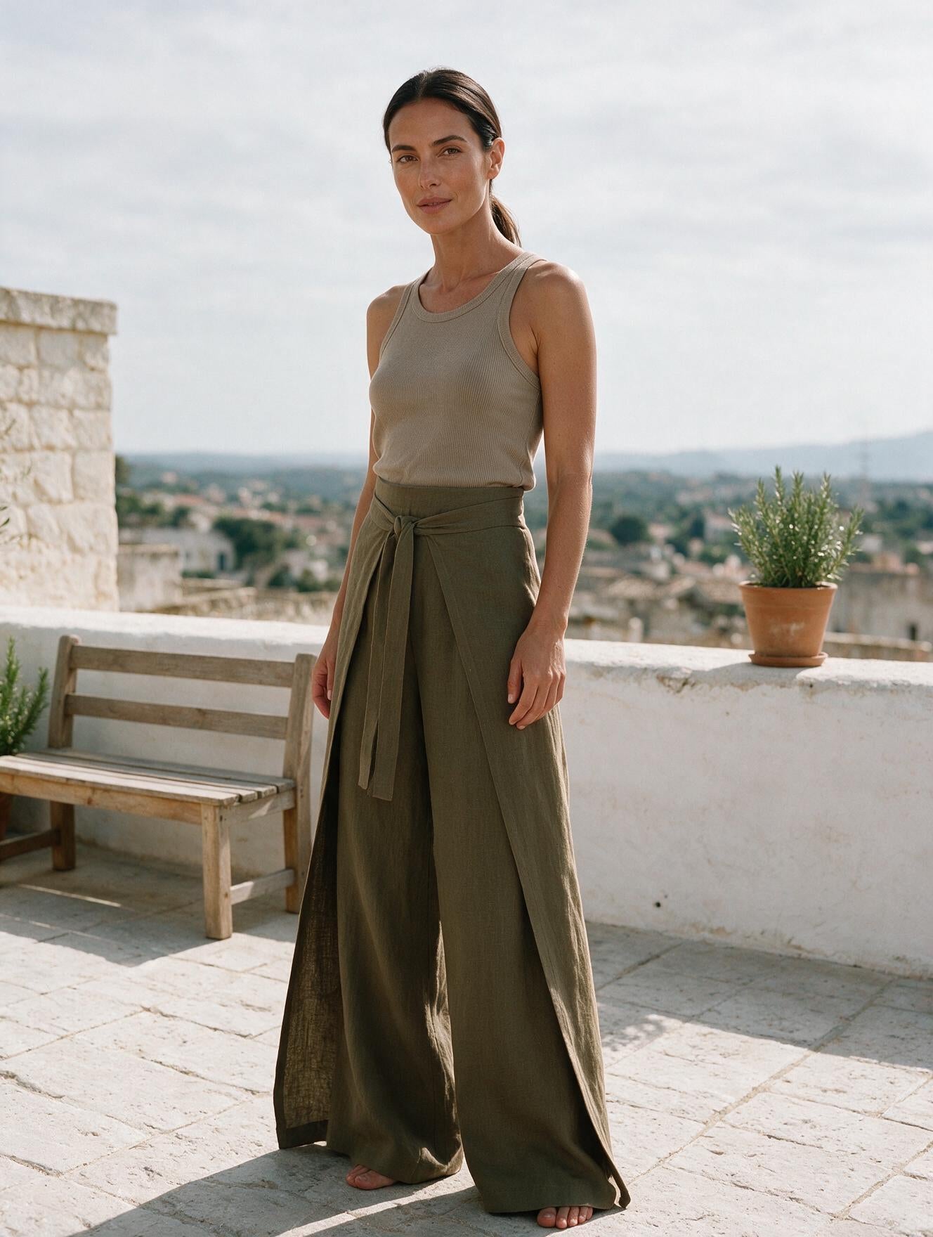 Ariane · Pantalón Ancho de Lino — Caqui