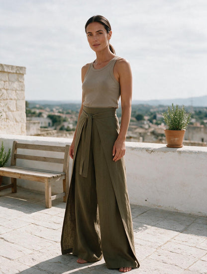 Ariane · Pantalón Ancho de Lino — Caqui