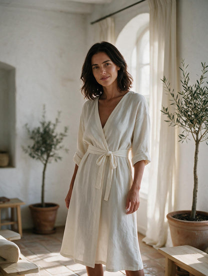 Amalfi · Vestido Midi de Lino — modelo, vista frontal