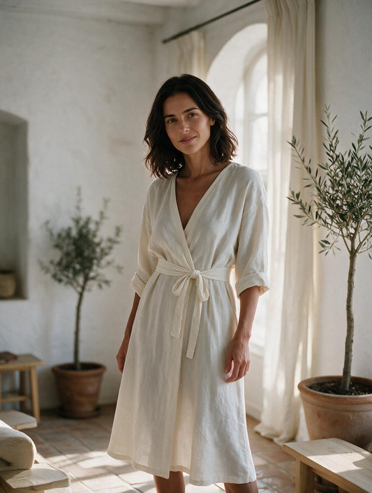 Amalfi · Vestido Midi de Lino — modelo, vista frontal