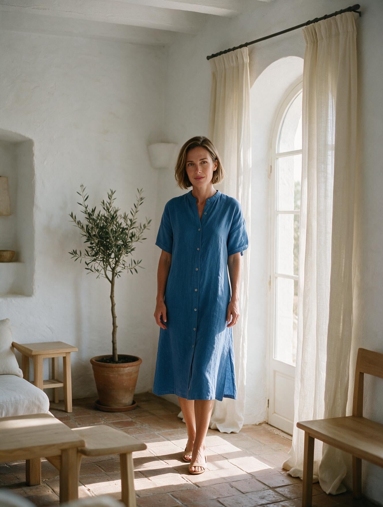 Ángeles · Vestido Midi de Lino — Azul