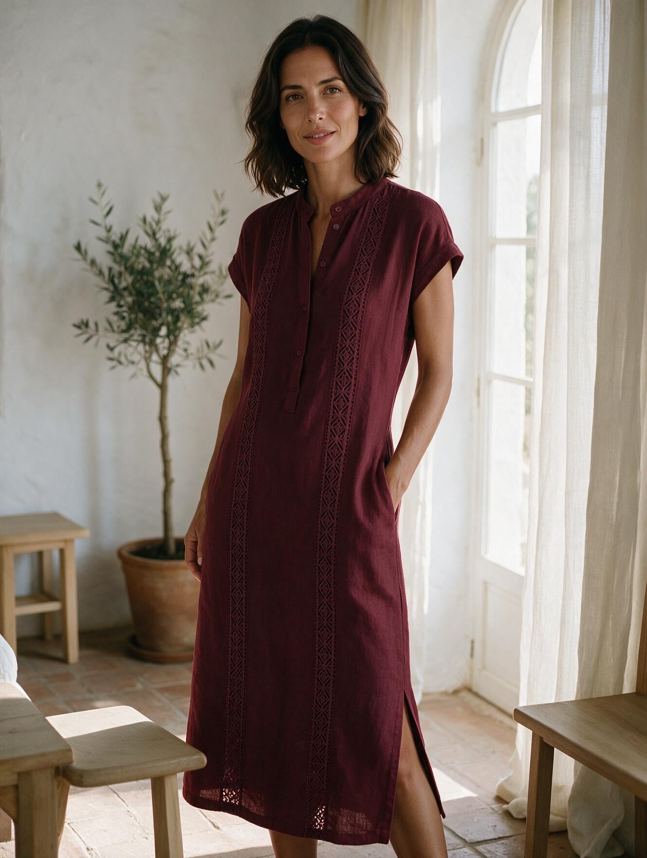 Ángeles · Vestido Midi de Lino con Cuello Mao — Rojo, modelo vista frontal