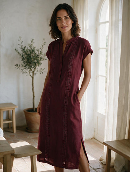 Ángeles · Vestido Midi de Lino con Cuello Mao — Rojo, modelo vista frontal