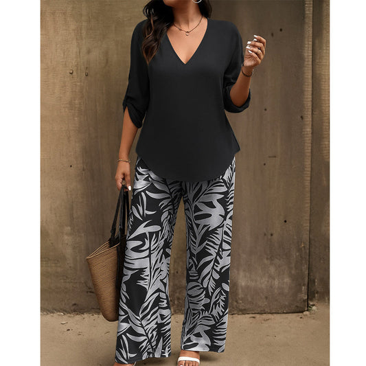 Liwia - Conjunto de verano elegante con blusa de escote en V y pantalones estampados